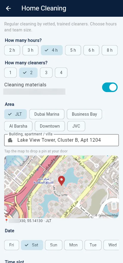 Customer booking wizard with hours, cleaners and area selection