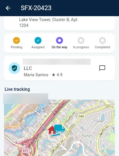 Customer app live tracking of the assigned professional