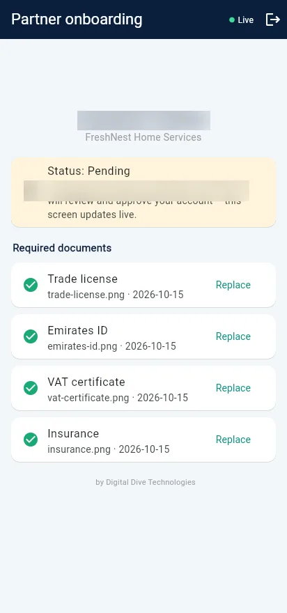 Partner app onboarding screen with required documents