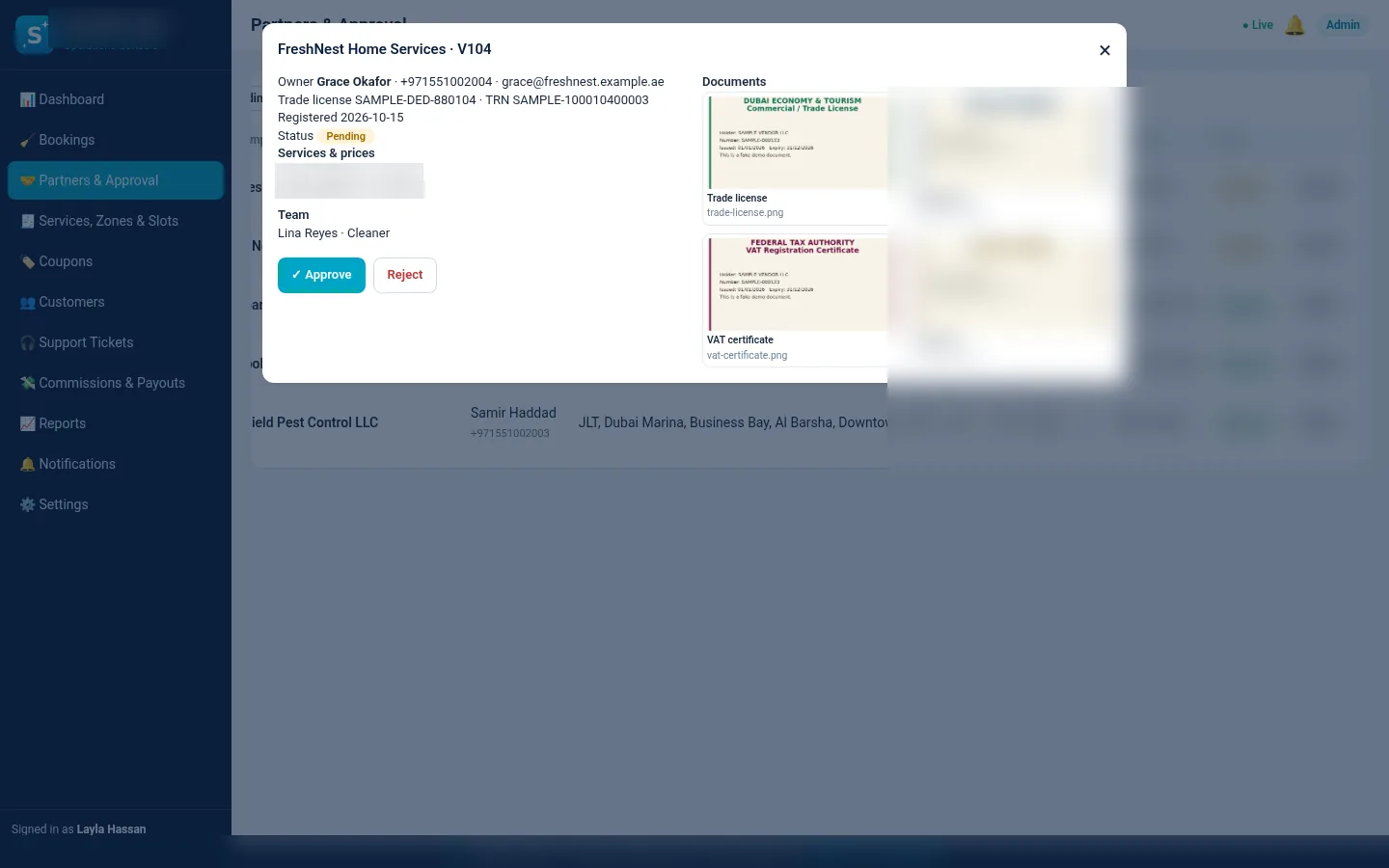 Admin panel reviewing a partner company's documents
