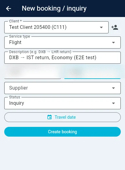 Staff app screen for creating a new booking or enquiry