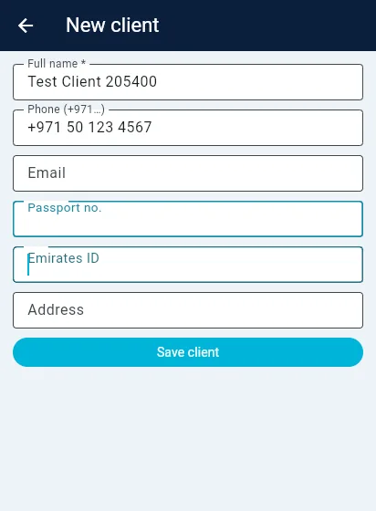 Staff app screen for adding a new client