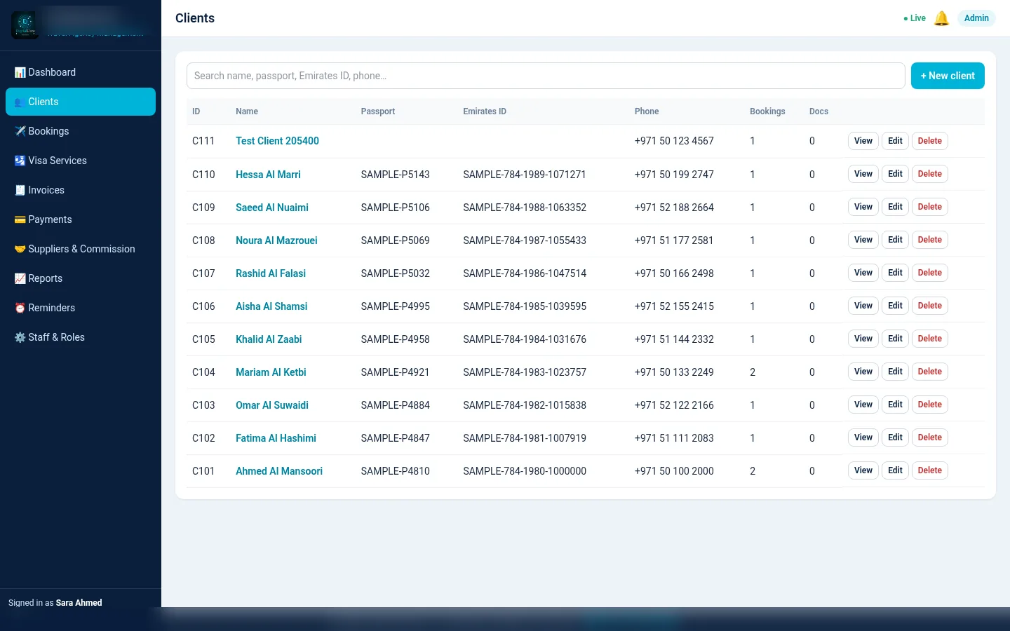 Client list with passport and Emirates ID fields (sample data)