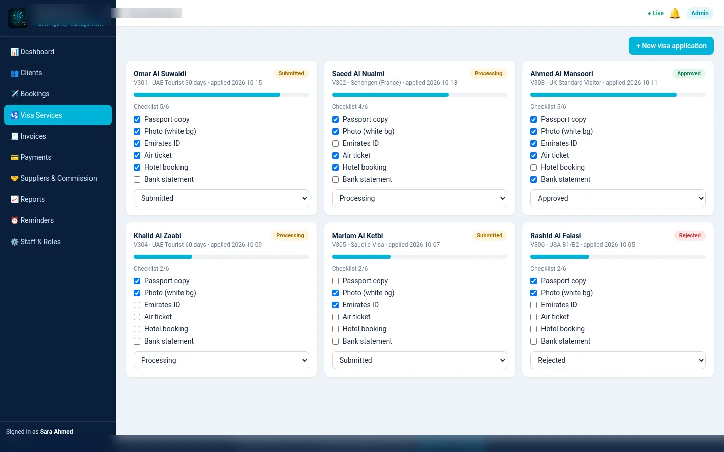 Visa tracking screen with document checklists for each application